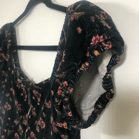 Black Floral Whimsygoth Puff Sleeve Corduroy Mini Dress Sweetheart Neck. Size L - Picture 13 of 16